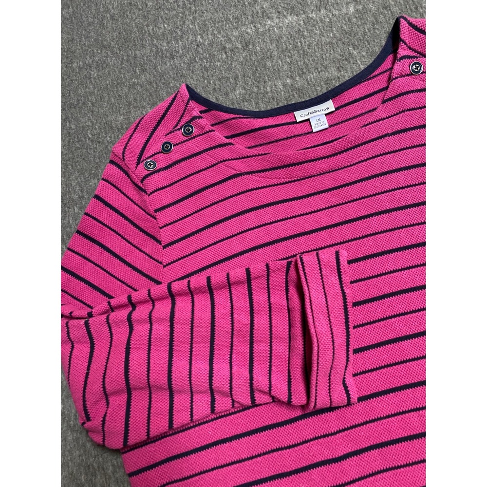 Croft & Barrow Womens 1X Pink Navy Blue Striped Cotton Button Shoulder Top